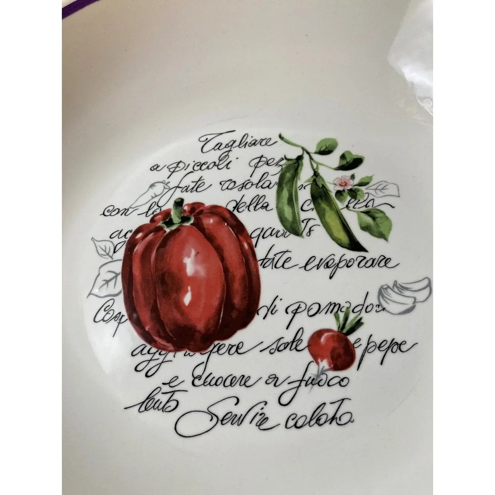 Italian Vegetable Ceramic Pasta Serving Bowl Red Pepper Purple Rim 13 Inch